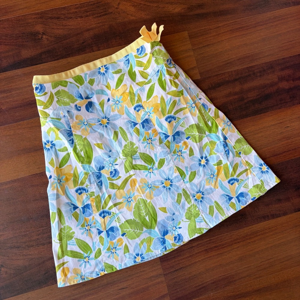 Cherokee Girls Floral A-Line Skirt Blue Yellow Green Cotton Size S 6/6X Bow